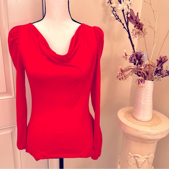 2 cowl drape neck, peplum flared waist, zipper coral black long sleeve tops - Picture 5 of 15